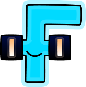 Ghe - A cyan letter F character with a happy smile and illuminated button features