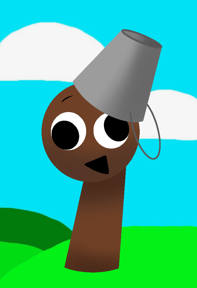 A whimsical cartoon illustration of Brud in a landscape setting with green hills and blue sky